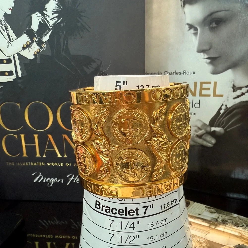 LOT 2230 24K gold plated CHANEL Gold Medallion Cuff Bracelet
